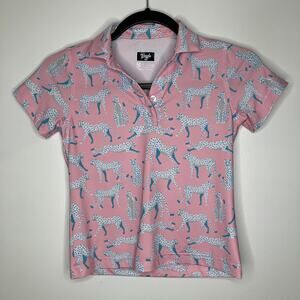 WAGGLE GOLF Girls Cheetah Print Golf Polo Short Sleeve Shirt Pink Blue Small